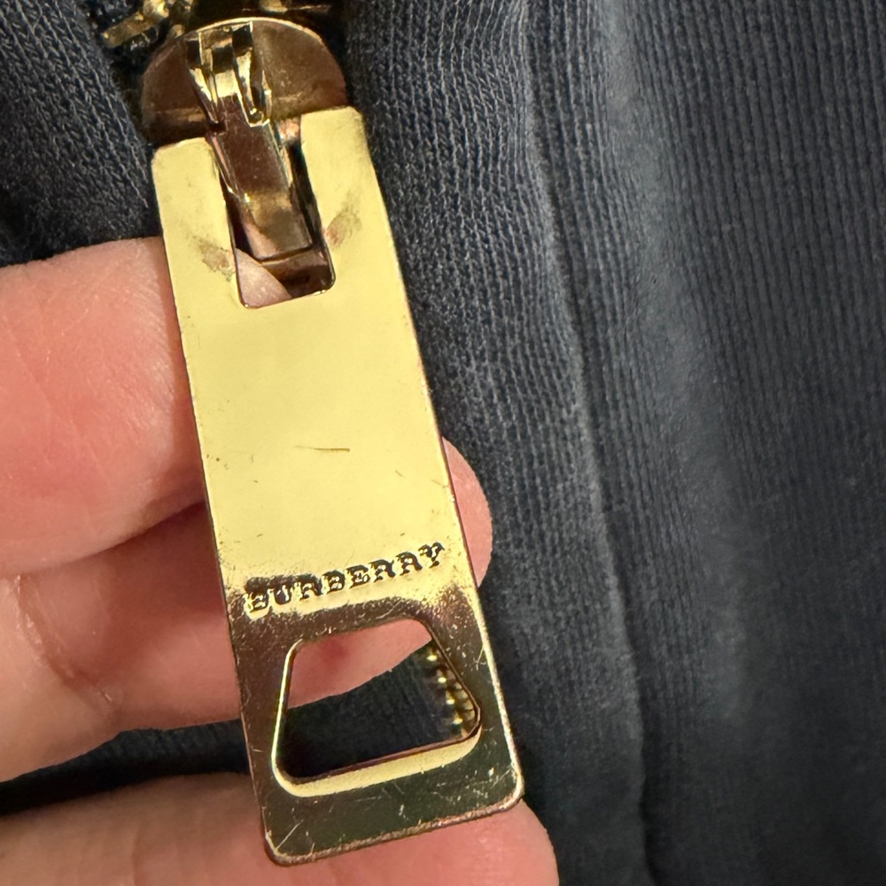 Great condition Burberry Navy Hoodie with Plaid Accent. Gold Burberry zipper. - Picture 6 of 17